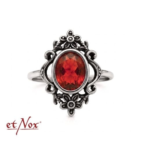 Edelstahlring Garnet Flowers mit Blumen-Ornamenten und rotem Stein von etNox