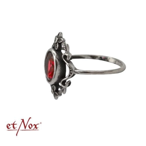 Edelstahlring Garnet Flowers mit Blumen-Ornamenten und rotem Stein von etNox