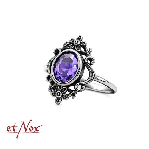 Edelstahlring Amethyst Flowers mit Blumen-Ornamenten und violettem Stein von etNox