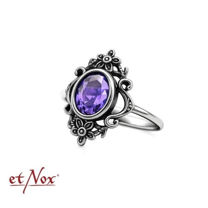 Edelstahlring Amethyst Flowers mit Blumen-Ornamenten und violettem Stein von etNox