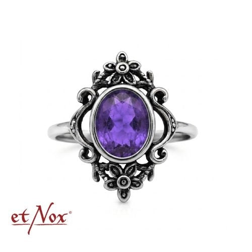 Edelstahlring Amethyst Flowers mit Blumen-Ornamenten und violettem Stein von etNox