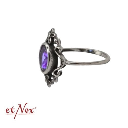 Edelstahlring Amethyst Flowers mit Blumen-Ornamenten und violettem Stein von etNox