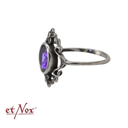 Edelstahlring Amethyst Flowers mit Blumen-Ornamenten und violettem Stein von etNox
