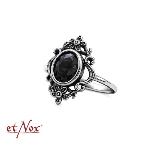 Edelstahlring Black Flowers mit Blumen-Ornamenten und schwarzem Stein von etNox
