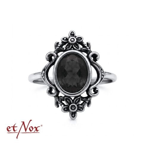 Edelstahlring Black Flowers mit Blumen-Ornamenten und schwarzem Stein von etNox