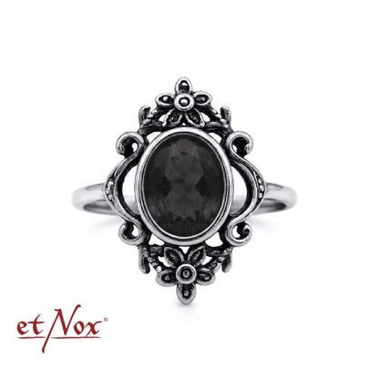 Edelstahlring Black Flowers mit Blumen-Ornamenten und schwarzem Stein von etNox