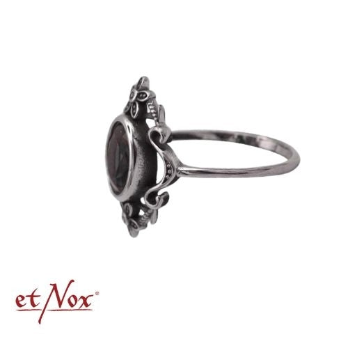 Edelstahlring Black Flowers mit Blumen-Ornamenten und schwarzem Stein von etNox