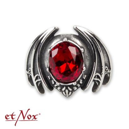 Edelstahlring Bat Wing Ring mit Fledermausflügeln und facettiertem rotem Stein von etNox