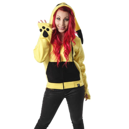 Gelbe Sweatshirtjacke STRIKER HOOD mit schwarzen Streifen und Augen auf der Kapuze von Cupcake Cult