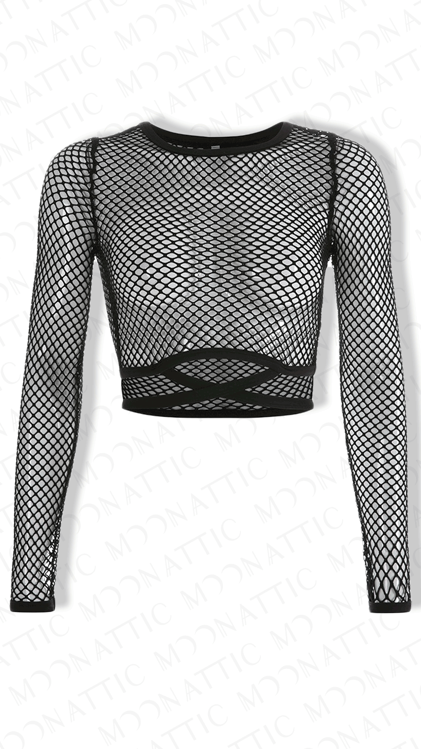 Schwarzes, langärmliges, bauchfreies Netzoberteil Crop Top Fishnet & Straps von Moon Attic