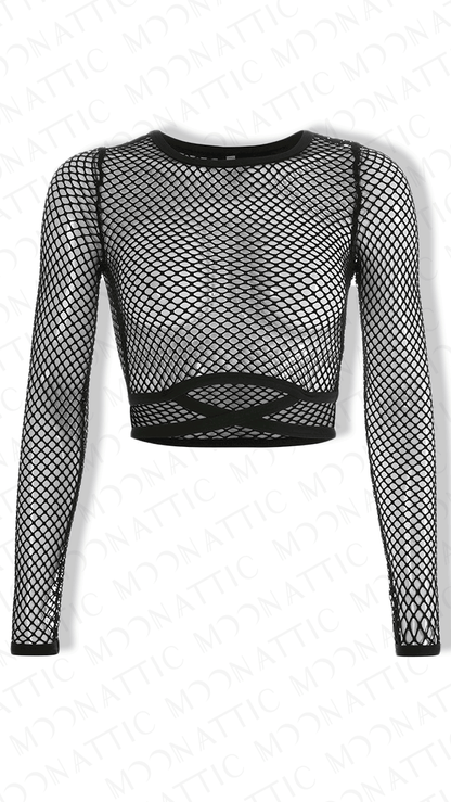 Schwarzes, langärmliges, bauchfreies Netzoberteil Crop Top Fishnet & Straps von Moon Attic