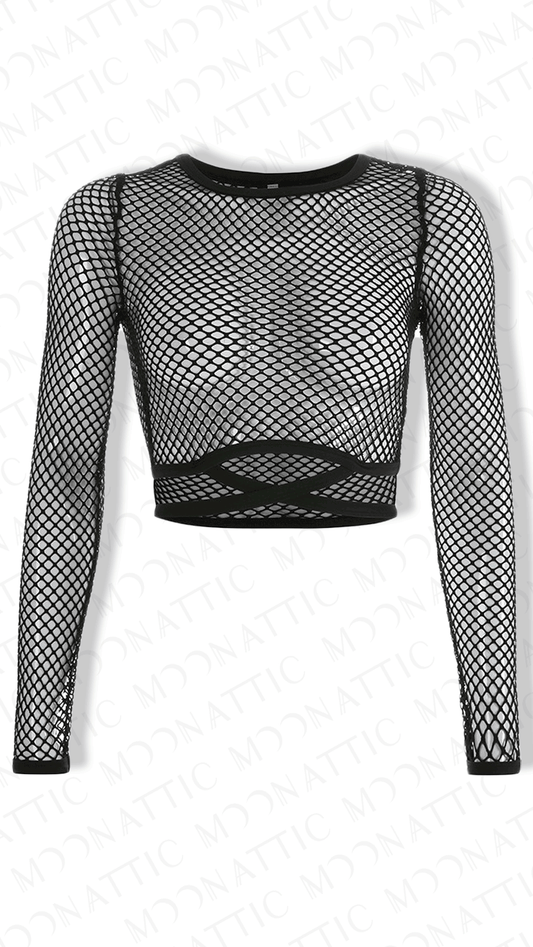 Schwarzes, langärmliges, bauchfreies Netzoberteil Crop Top Fishnet & Straps von Moon Attic