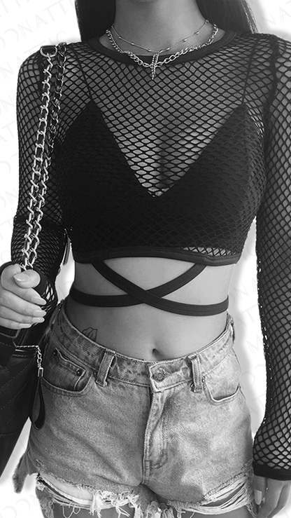 Schwarzes, langärmliges, bauchfreies Netzoberteil Crop Top Fishnet & Straps von Moon Attic