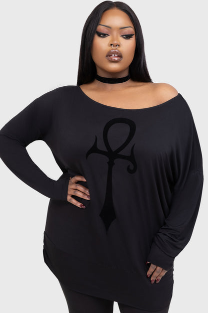 Schwarzes Langarmshirt SATANIC OMEN TOP mit großem Ankh-Print von Killstar