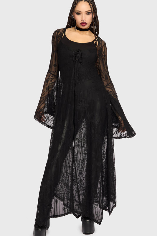 Schwarzer Umhang Shadow Queen Duster mit Spitzenstoff von Killstar