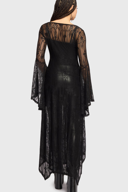 Schwarzer Umhang Shadow Queen Duster mit Spitzenstoff von Killstar