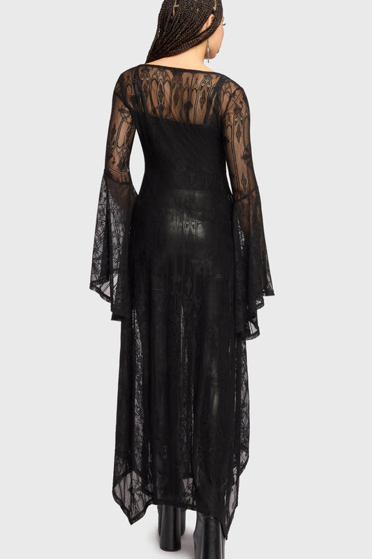 Schwarzer Umhang Shadow Queen Duster mit Spitzenstoff von Killstar