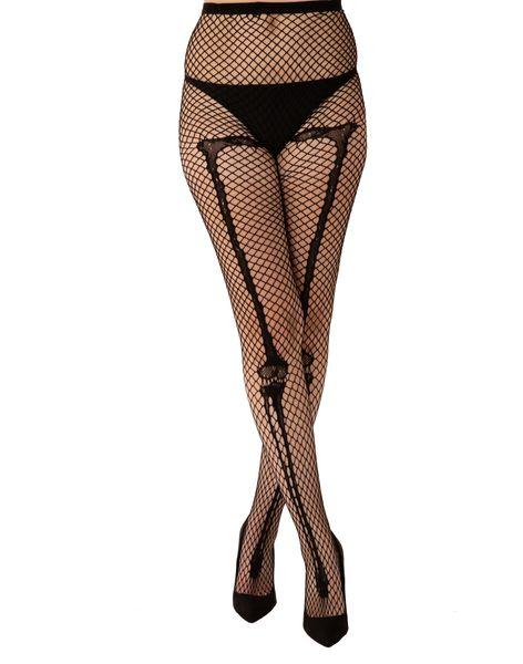 Schwarze Netzstrumpfhose Skeleton Bone Net Tights mit Knochenmuster von Pamela Mann