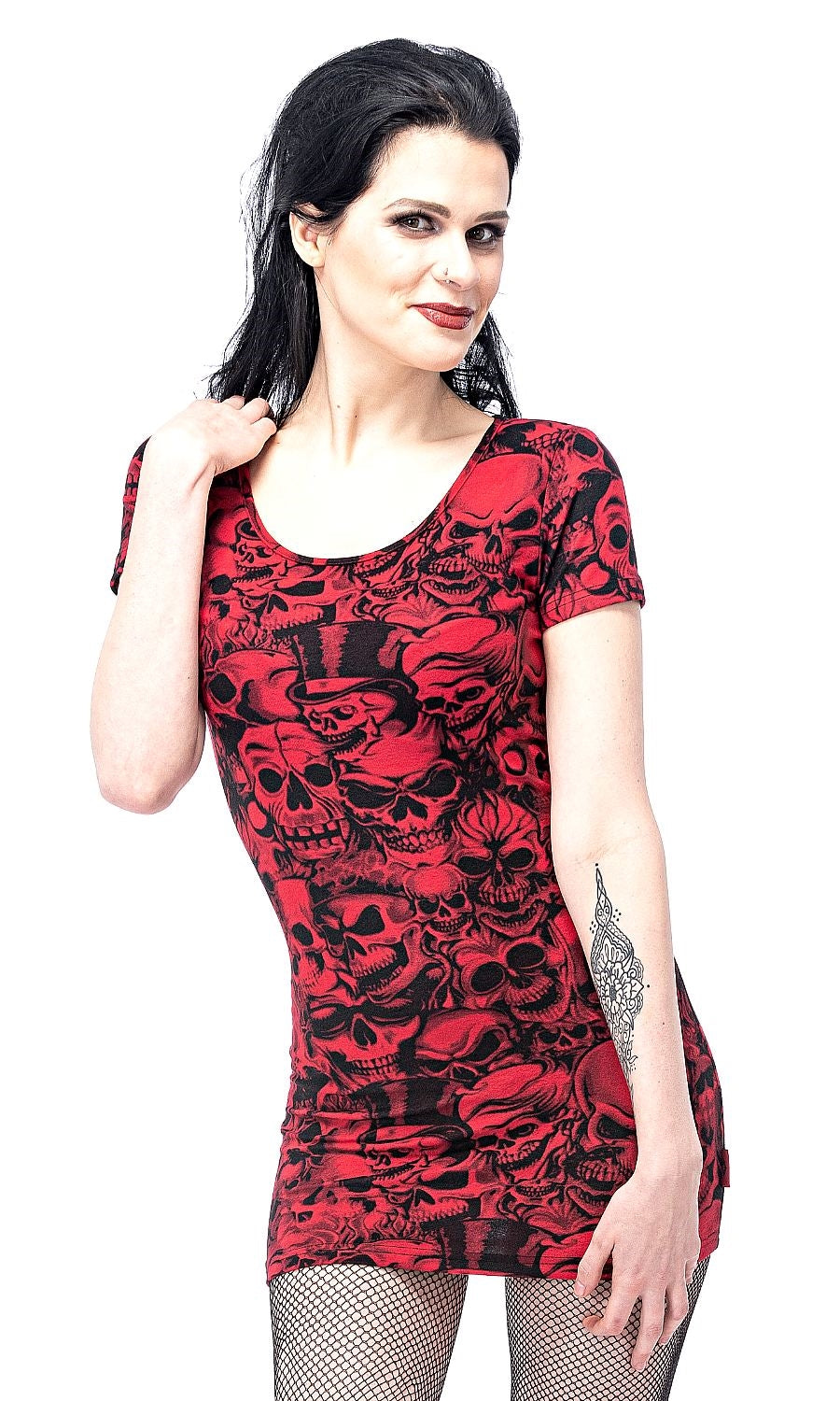 Rotes Kleid Skull Dress Red mit Schädel Print von Queen of Darkness