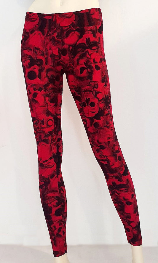 Rote Leggings Skull Leggings Red mit schwarzem Totenkopf Print von Queen of Darkness