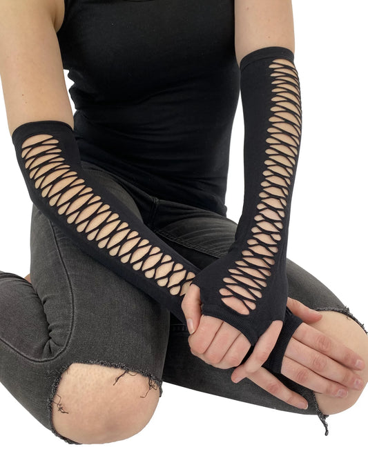 Schwarze Armstulpen Slashed Sleeve Glove mit Schlitzmuster von Pamela Mann