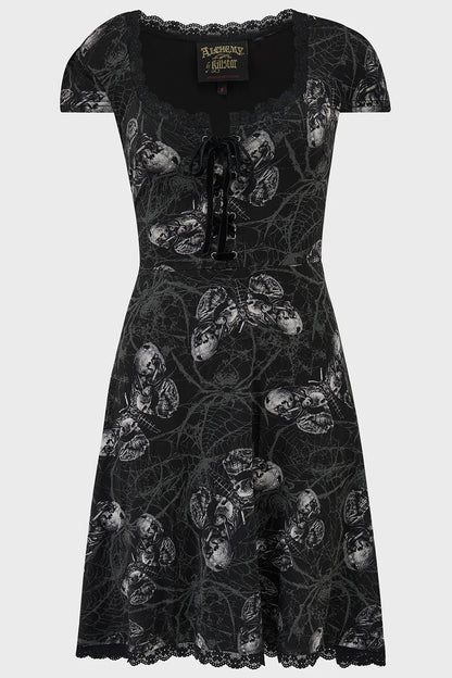 Schwarzes, kurzes Kleid Spidrasica's Web Mini Dress mit Motten und Spinnen Print von Killstar