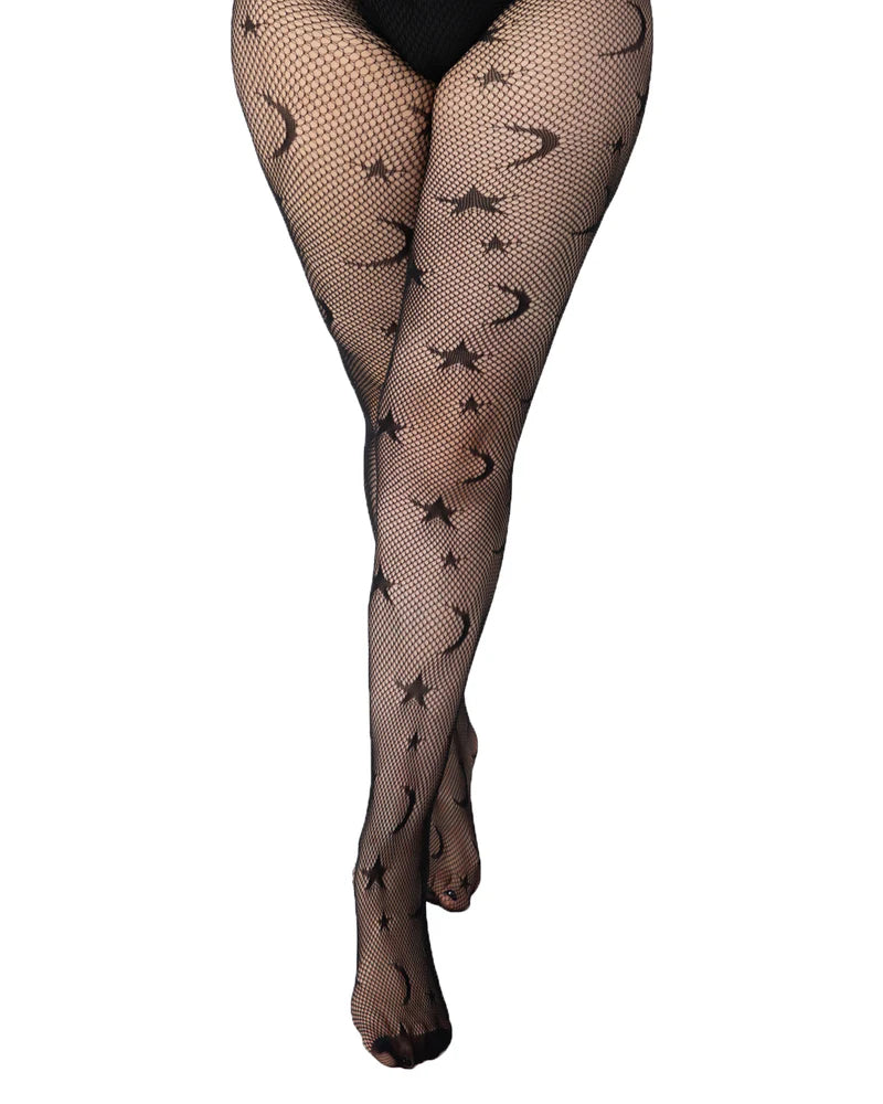 Schwarze Strumpfhose Stars &amp; Moon Net Tights aus Fischnetzstoff mit Stern und Mond Muster von Pamela Mann