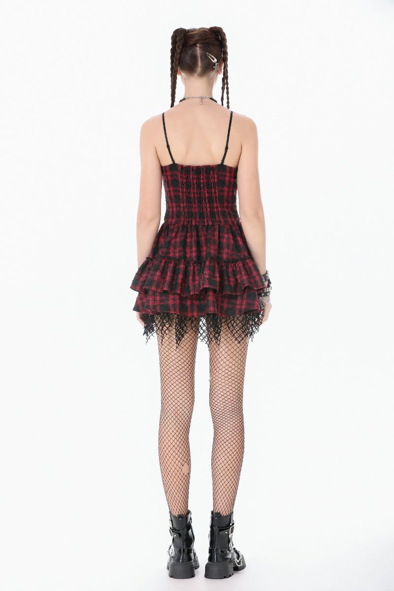 Rotes Kleid Sweet Mayhem Dress mit Tartan Muster von Dark In Love