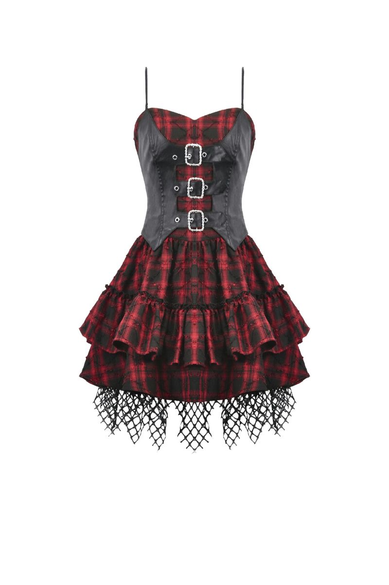 Rotes Kleid Sweet Mayhem Dress mit Tartan Muster von Dark In Love