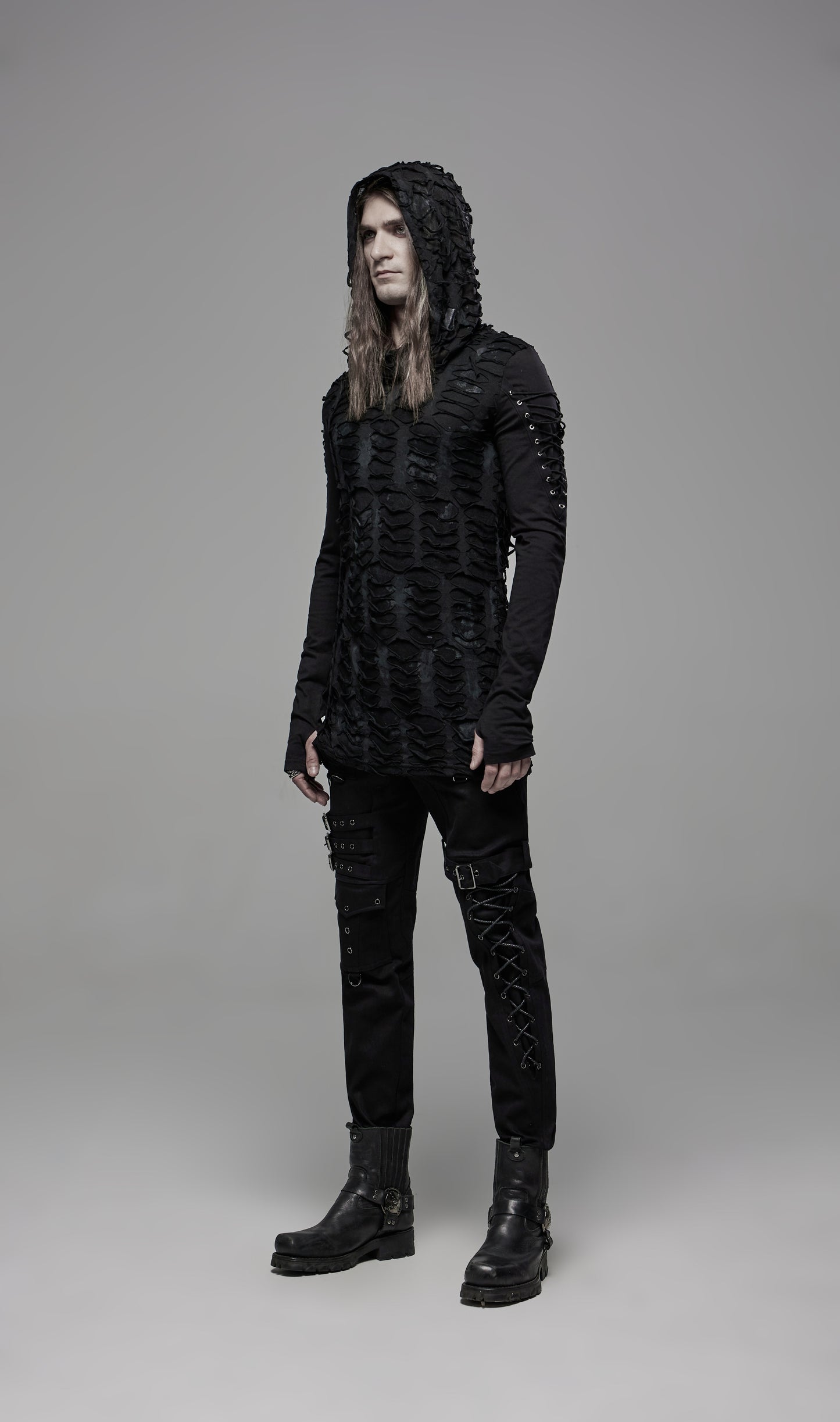 Postapokalyptisches und Industrial-Gothic-Langarmshirt DESTRUCTION UNIT TOP mit übergroßer Kapuze von Punk Rave