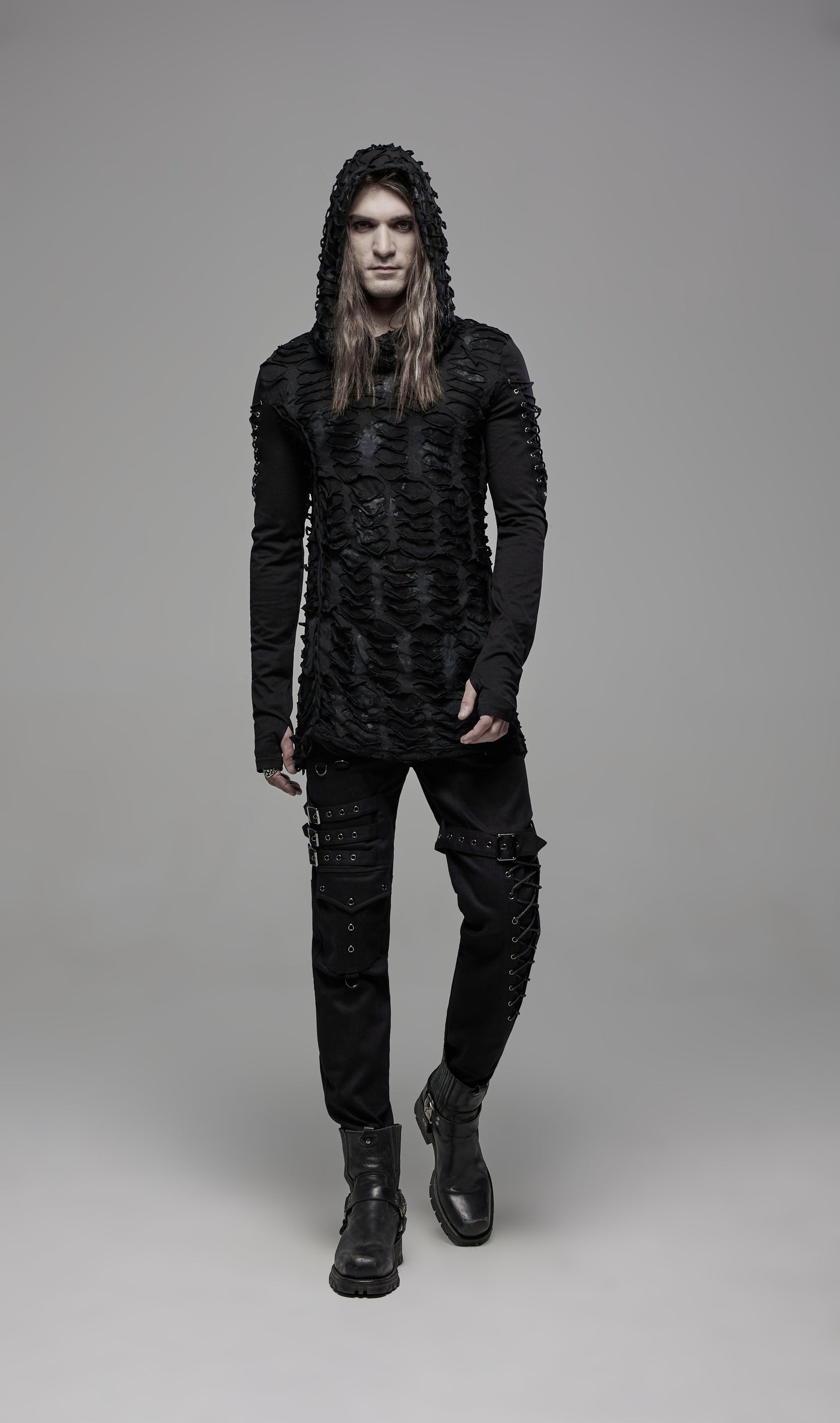 Postapokalyptisches und Industrial-Gothic-Langarmshirt DESTRUCTION UNIT TOP mit übergroßer Kapuze von Punk Rave