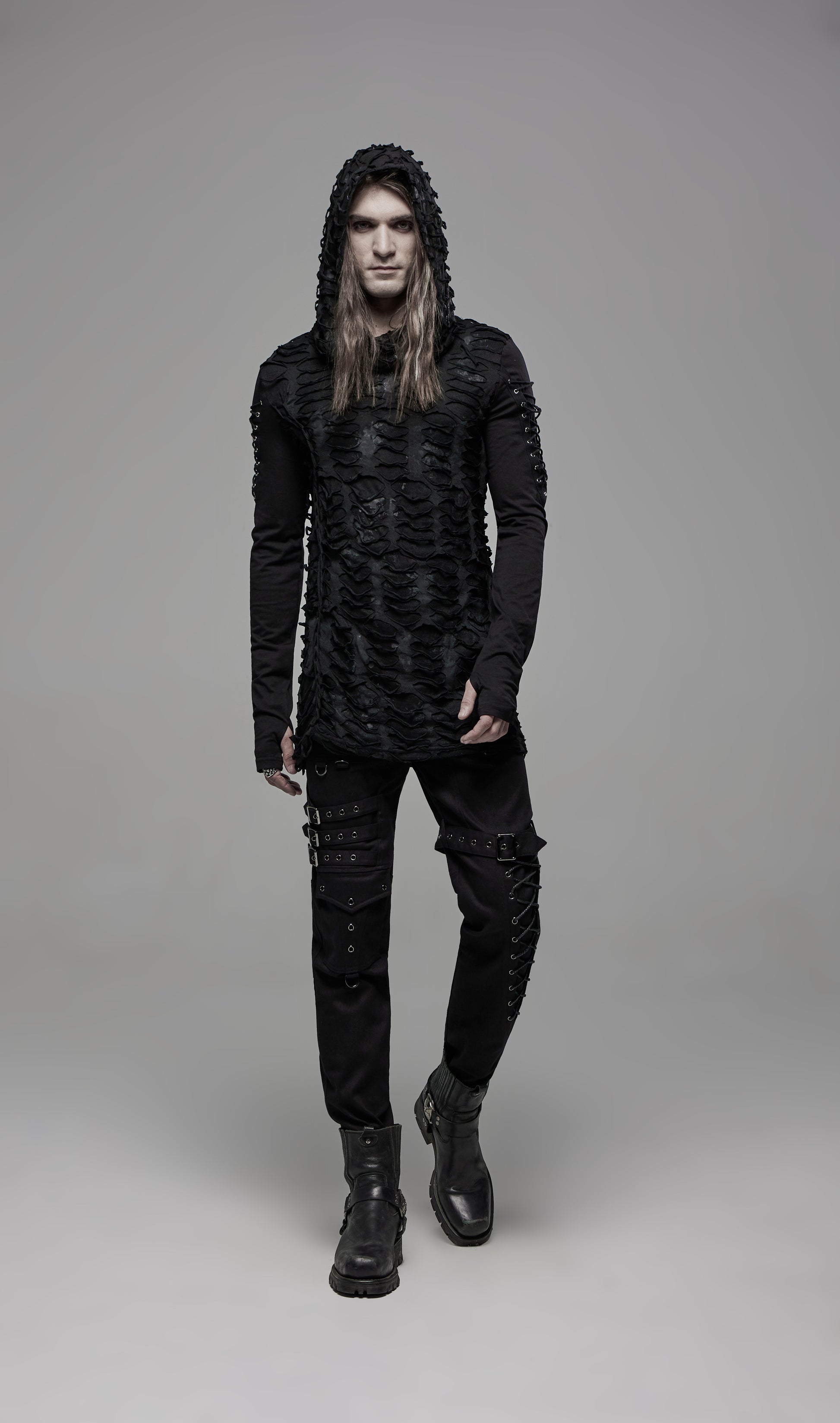 Postapokalyptisches und Industrial-Gothic-Langarmshirt DESTRUCTION UNIT TOP mit übergroßer Kapuze von Punk Rave