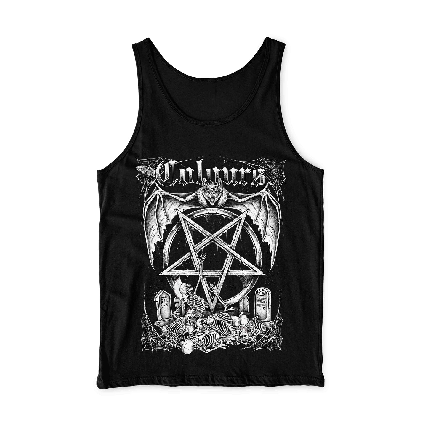 Schwarzes Tank Top Colours Dark Cave Top mit exklusivem Friedhof- und Pentagramprint von Easure