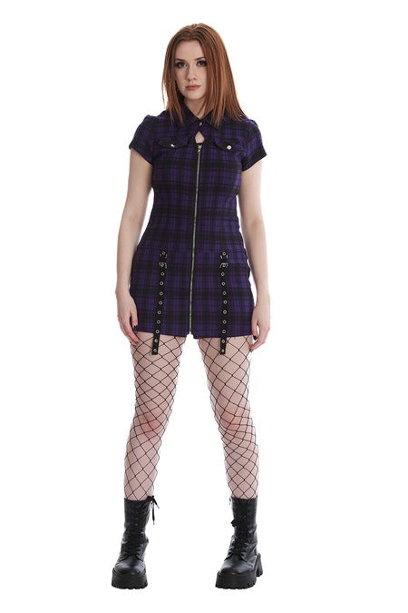 Lilanes Kleid TARTAN NIGHT ZIP DRESS Purple mit Reißverschluss an der Vorderseite von Banned