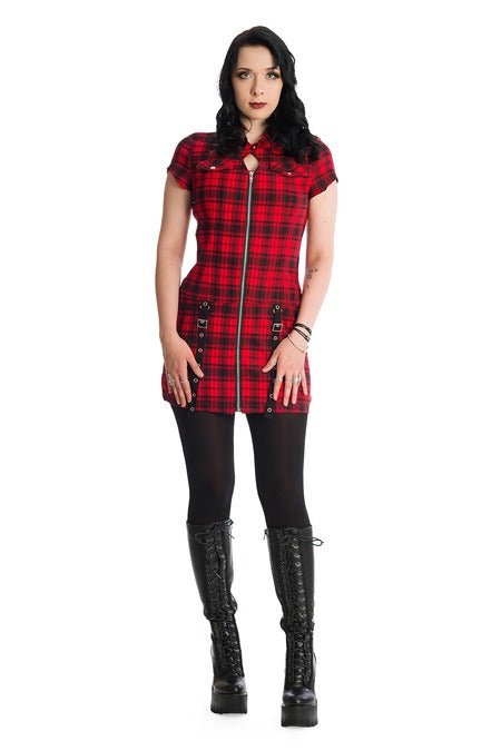 Rotes Kleid TARTAN NIGHT ZIP DRESS Red mit Reißverschluss an der Vorderseite von Banned