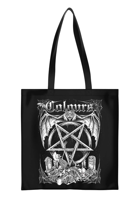 Schwarzer Stoffbeutel Colours Dark Cave Tote Bag mit exklusivem Friedhof- und Pentagramprint von Easure