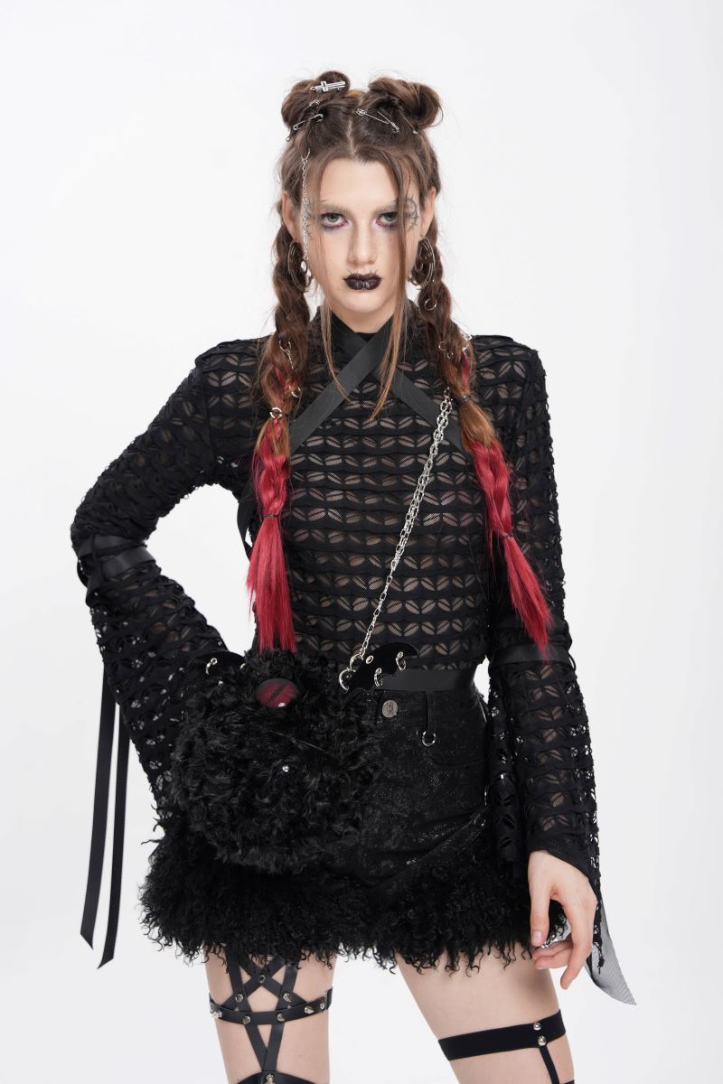 Schwarzes, figurbetontes Cyberpunk-Top Andromeda Top aus strukturiertem, transparentem Strick- und Mesh-Material mit langen, ausgestellten Ärmeln und Riemen mit Schnallen von Devil Fashion