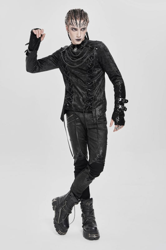 Schwarzes Oberteil Dark Guild Top mit Zierketten und Schnürung von Devil Fashion