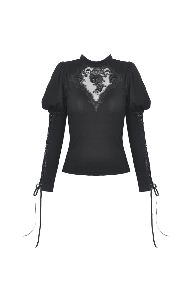 Schwarzes Langarmshirt BELINDA TOP mit Spitzeneinsätzen und Schnürung an den Ärmeln von Dark In Love