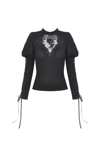 Schwarzes Langarmshirt BELINDA TOP mit Spitzeneinsätzen und Schnürung an den Ärmeln von Dark In Love