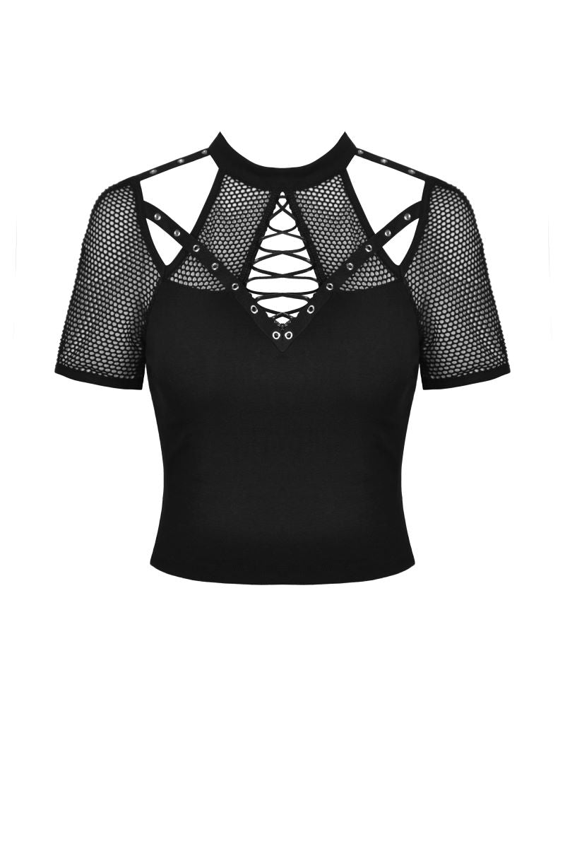 Schwarzes Shirt Techno Trap Top mit Netzdetails von Dark In Love
