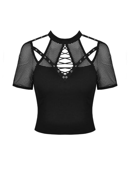 Schwarzes Shirt Techno Trap Top mit Netzdetails von Dark In Love