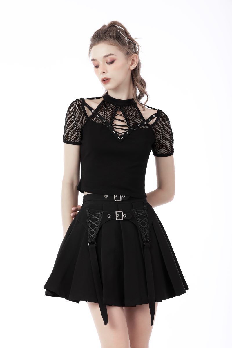 Schwarzes Shirt Techno Trap Top mit Netzdetails von Dark In Love