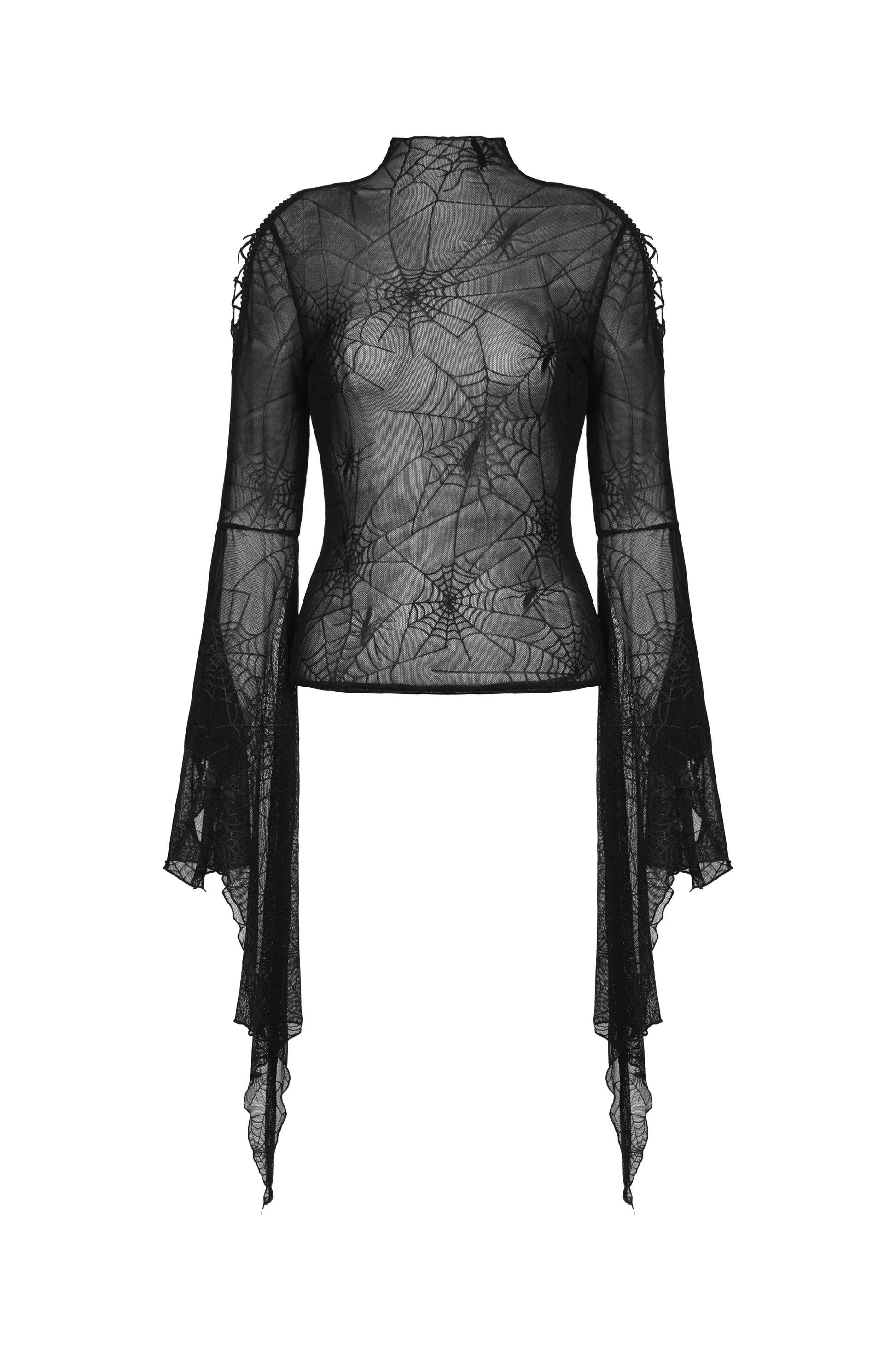 Schwarzes Meshshirt MORTICIA TOP mit Spinnennetzmuster und ausgestellten Ärmeln von Dark In Love