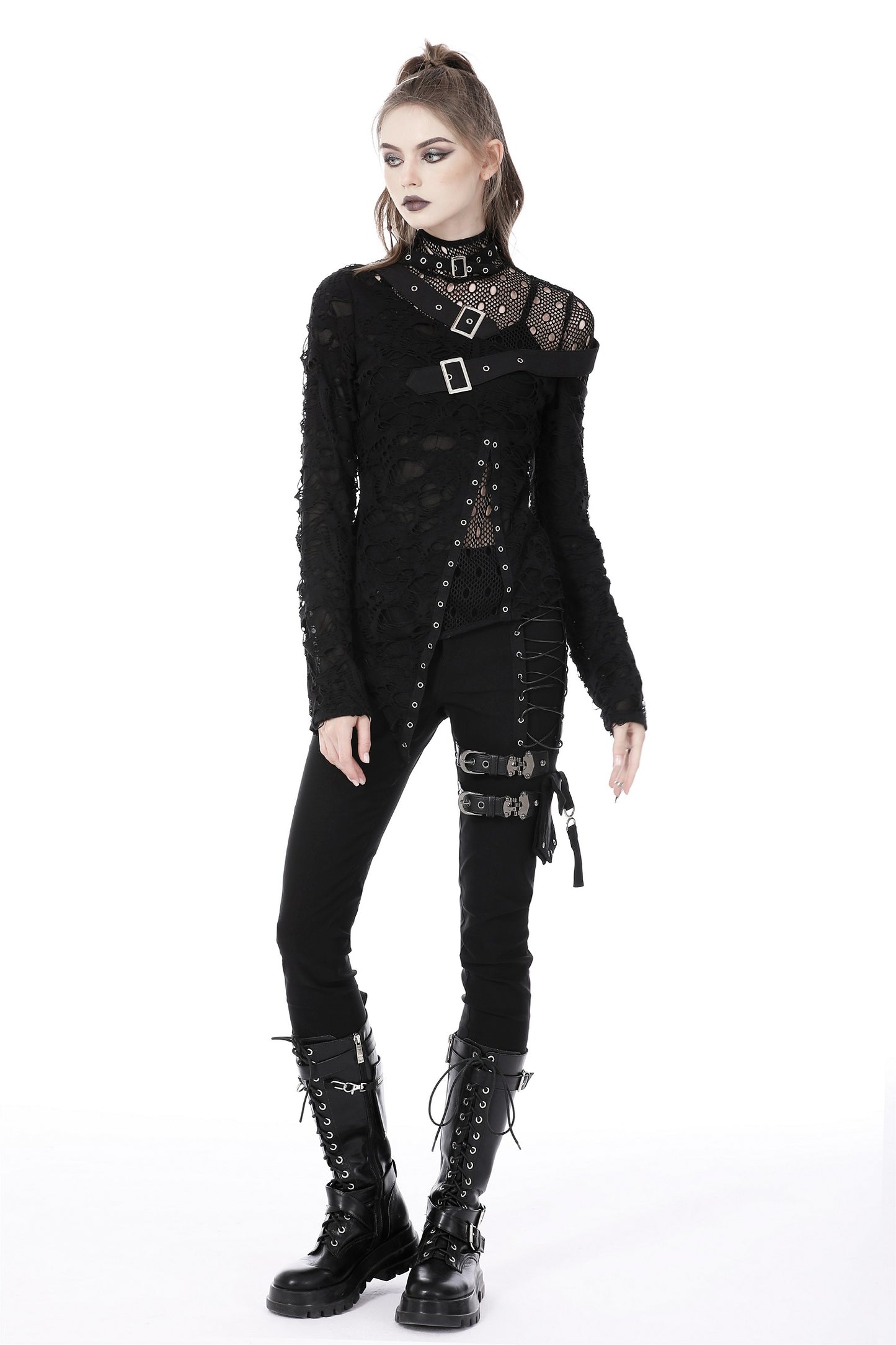 Schwarzes Langarmshirt DOOMSDAY DOLL TOP im Distressed-Look mit Netzeinsätzen von Dark In Love