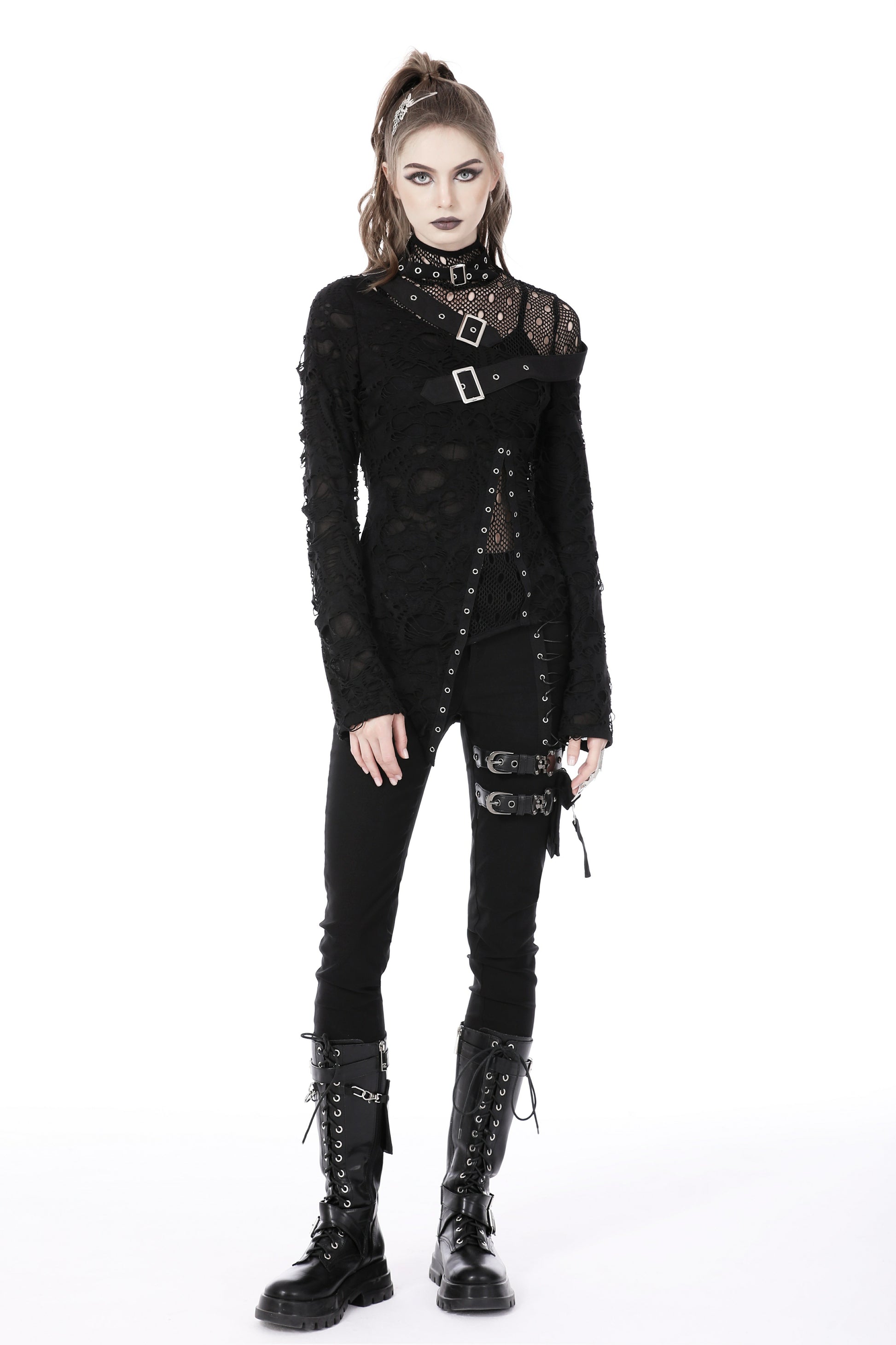 Schwarzes Langarmshirt DOOMSDAY DOLL TOP im Distressed-Look mit Netzeinsätzen von Dark In Love