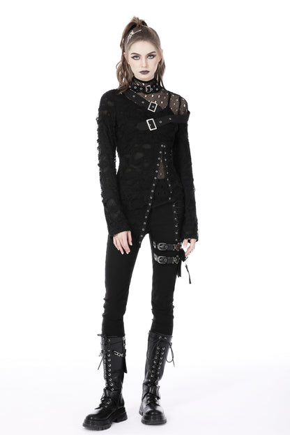 Schwarzes Langarmshirt DOOMSDAY DOLL TOP im Distressed-Look mit Netzeinsätzen von Dark In Love