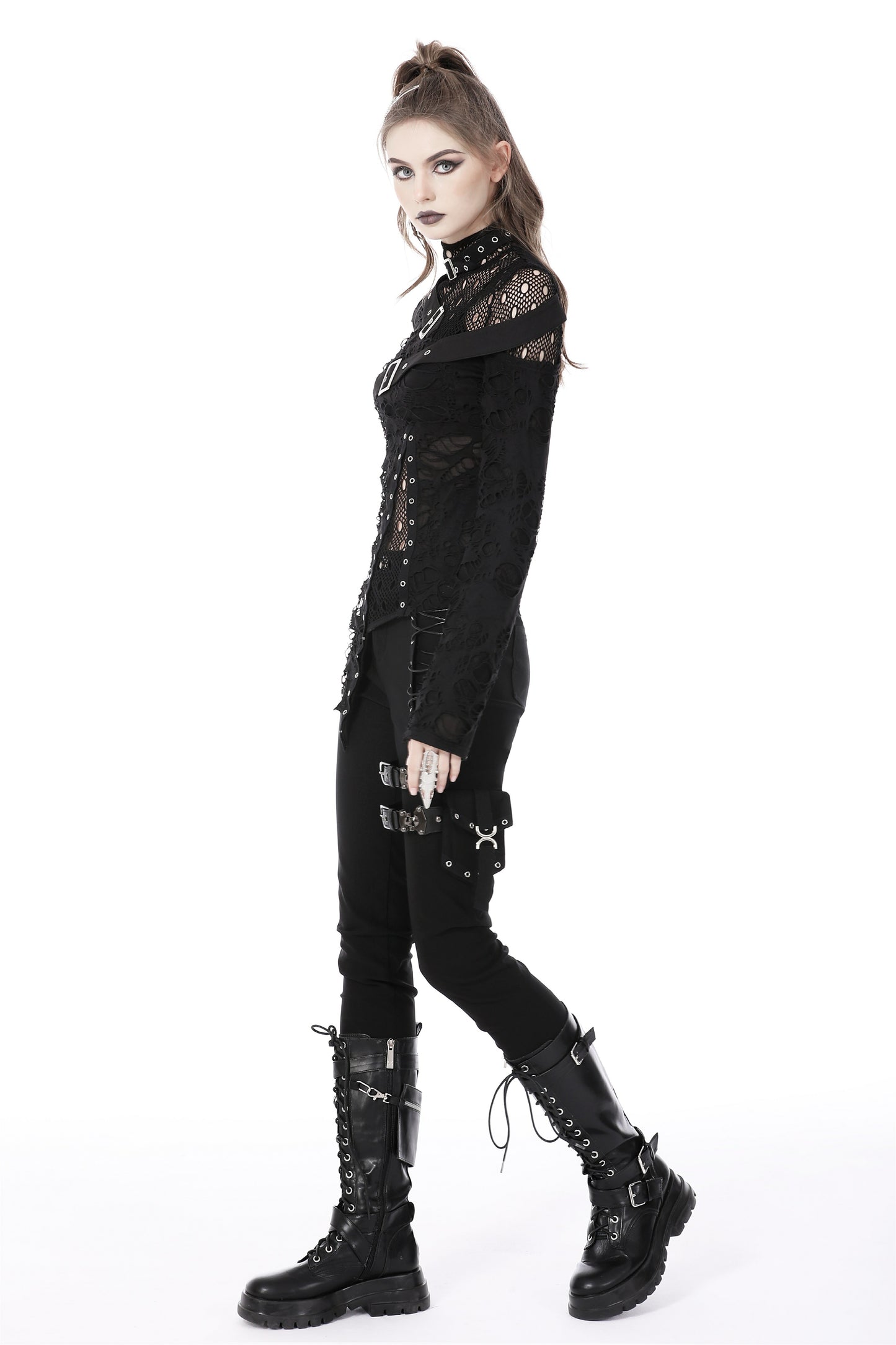 Schwarzes Langarmshirt DOOMSDAY DOLL TOP im Distressed-Look mit Netzeinsätzen von Dark In Love