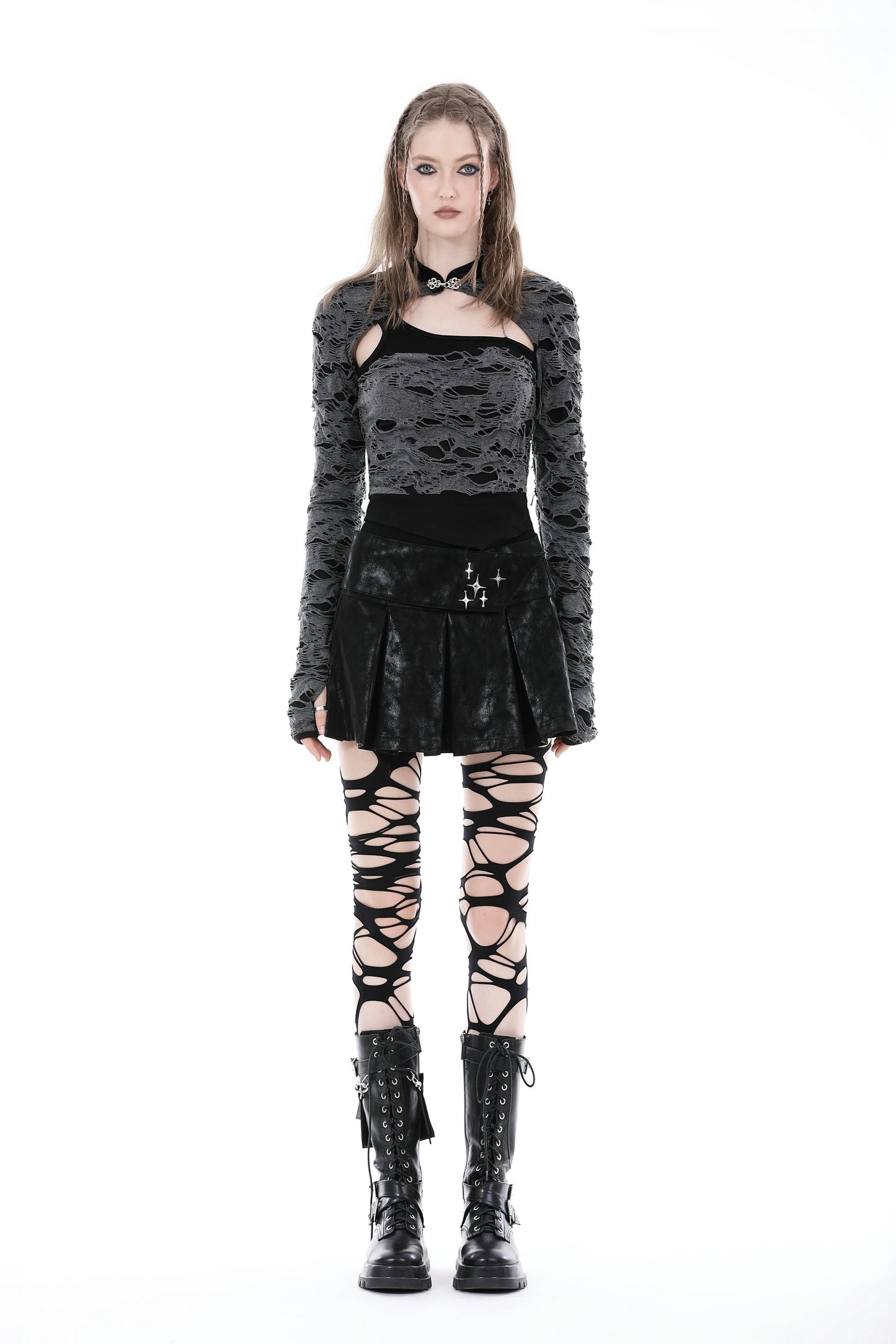 Graues, tailliertes Langarm-Shirt ASHES TO ASHES TOP im Distressed-Look mit Zierausschnitten von Dark In Love