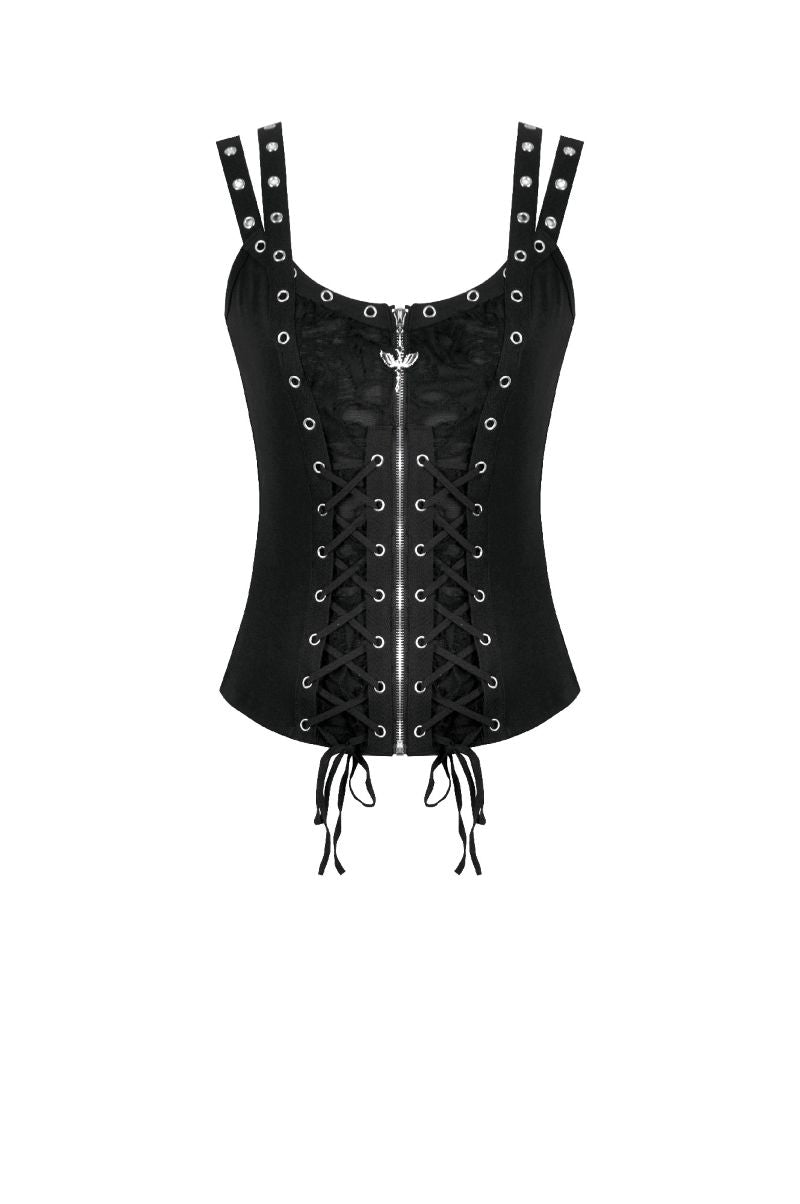 Schwarzes Top Gothic Pixie Top mit Zierschnürungen und Reißverschluss von Dark In Love